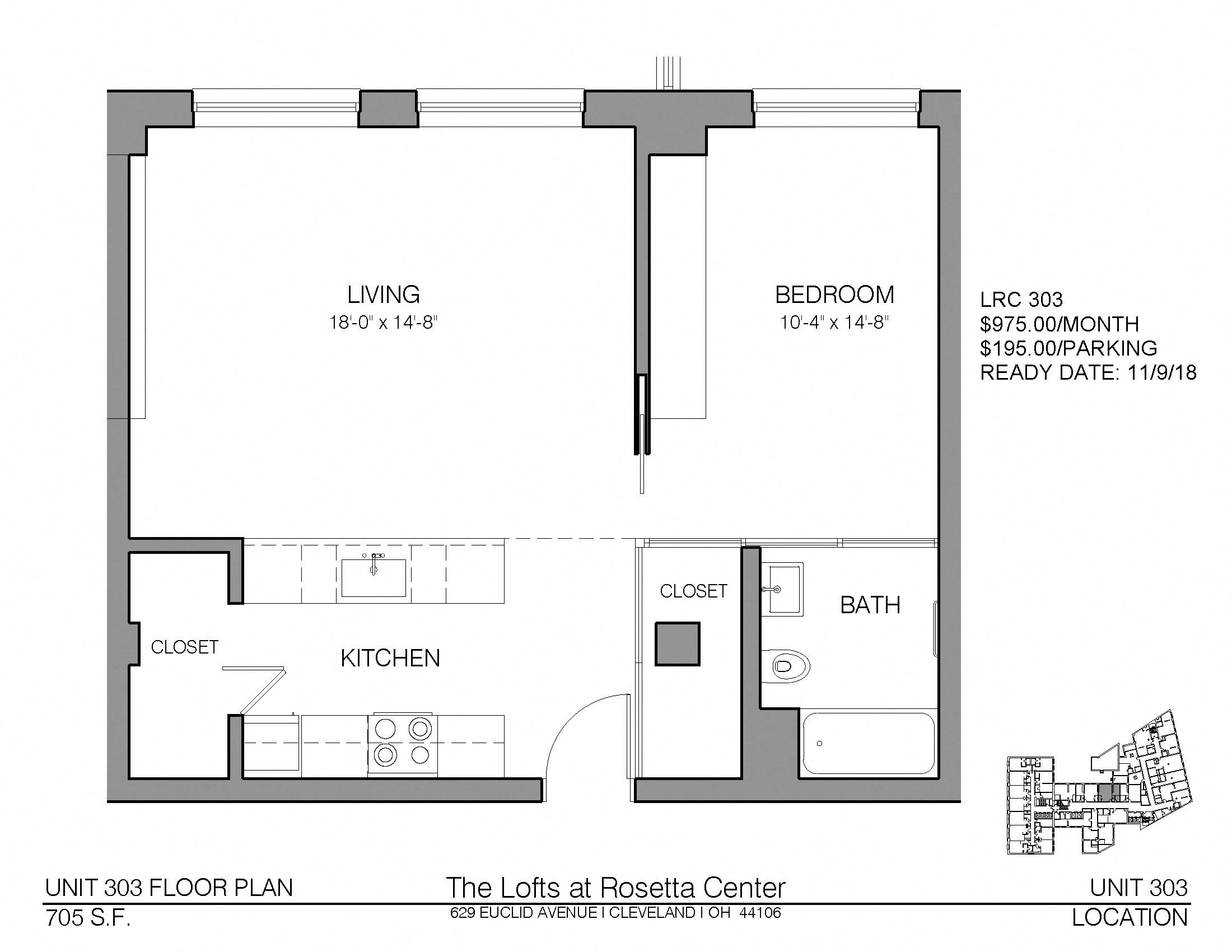Floor plan for 1 bed, 1 bath, 705 sqft